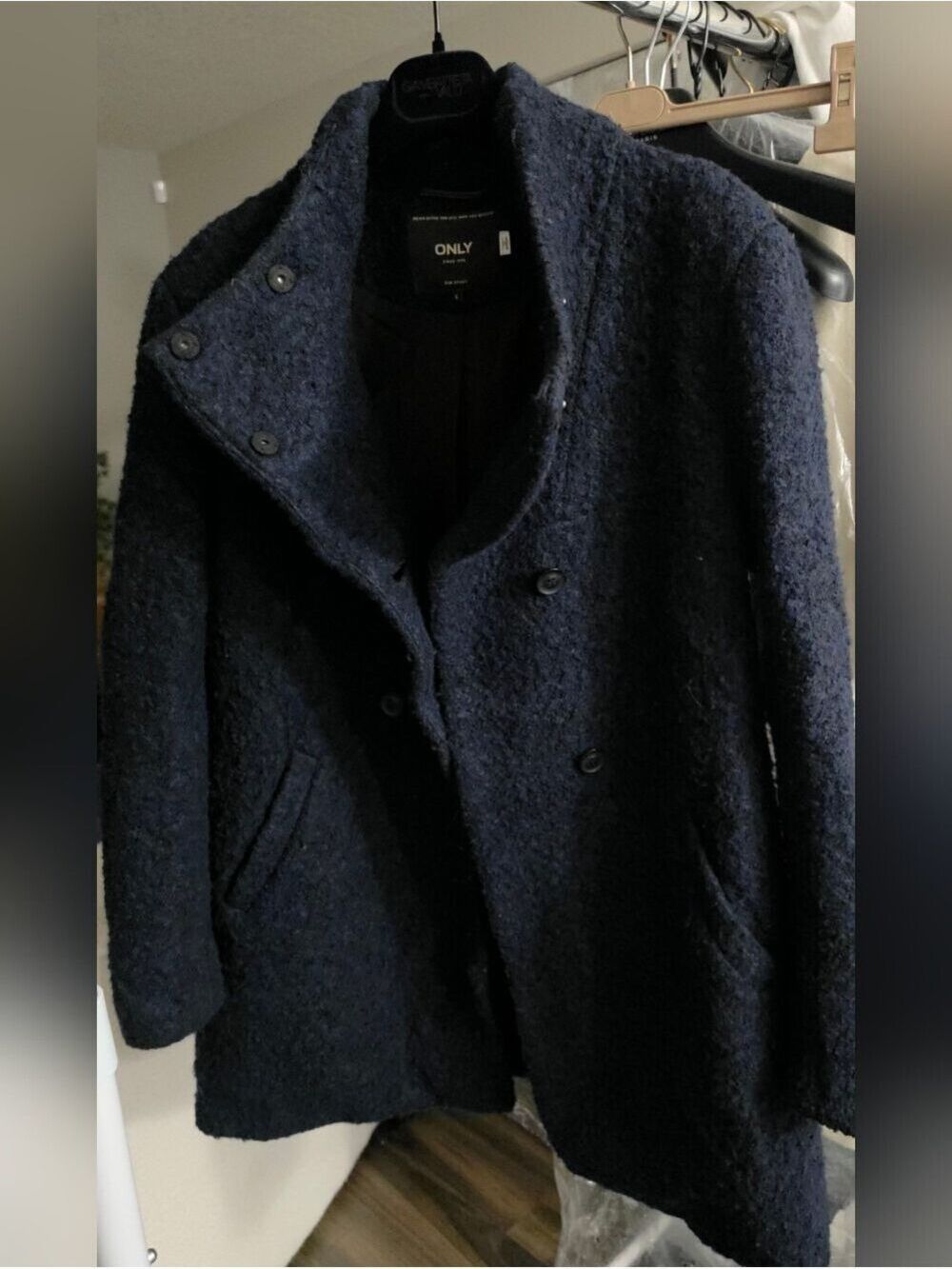 ONLY Navy Bouclé Wool Double-Breasted Coat LARGE
